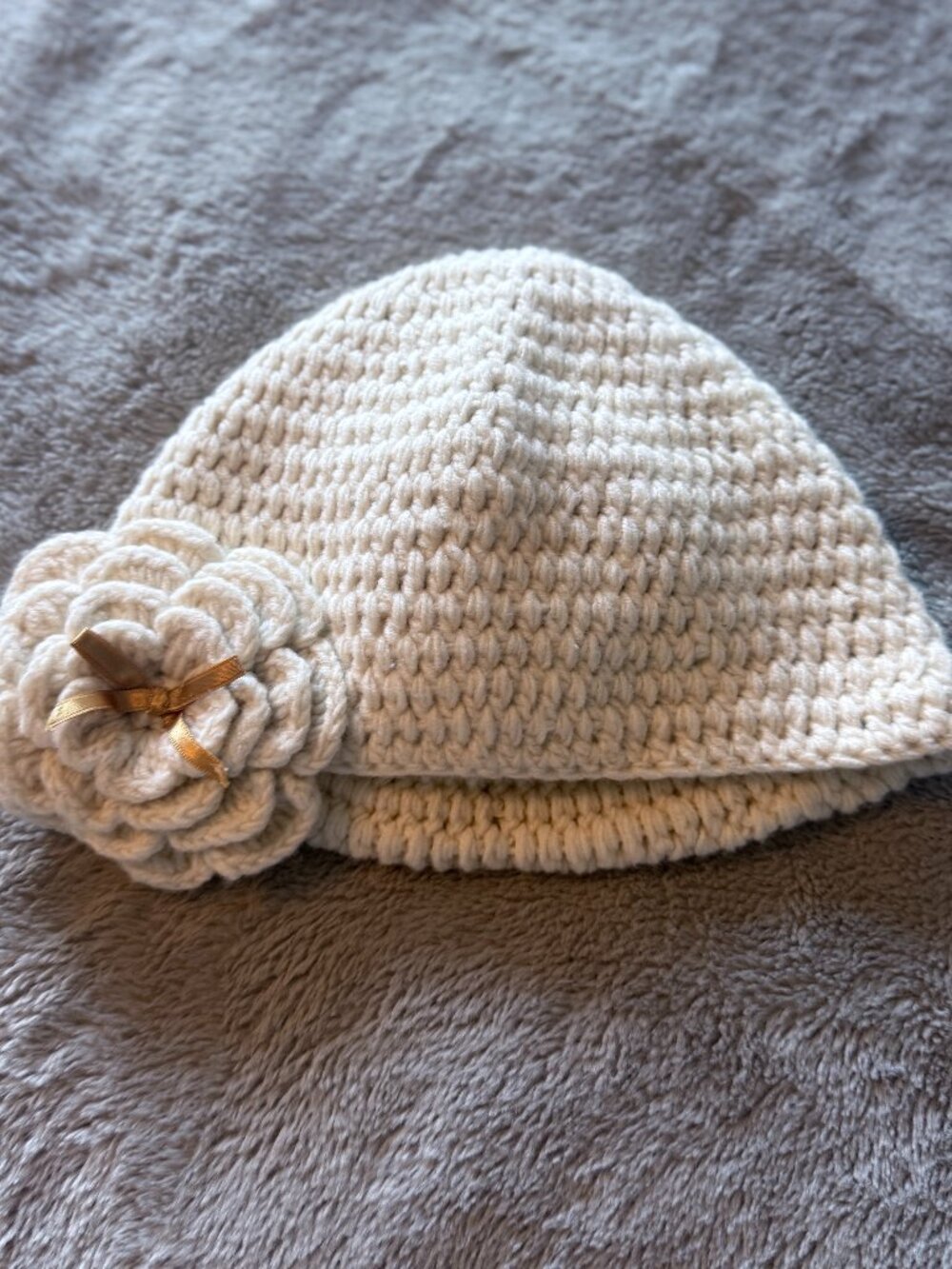 Handmade Cream Crochet Baby Girl Hat | Large 3D Flower & Gold Ribbon Beanie NWOT